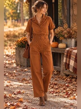 Sessùn Long Hoa Linen Blend Utility Jumpsuit Brown Rust Boiler Suit French